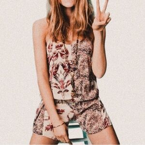 Free People Isabella Dress Side Lace Up Tie boho mixed print cut sew Romper Pink